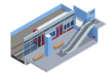 Isometric subway station platform. High speed train. Included underground train, station and route cross section, bridge. Subway station, railway rapid transit system, metro platform