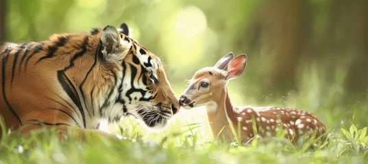 Meubelstickers Harmonious coexistence  tiger and deer in sunlit forest clearing for conservation campaign © Andrei