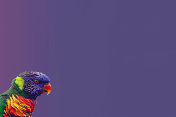 Naklejka premium portrait tête d'un loriquet arc-en-ciel, espèce d'oiseaux originaire de l'est de l'Australie. Perroquet coloré sur fond violet avec espace négatif copyspace