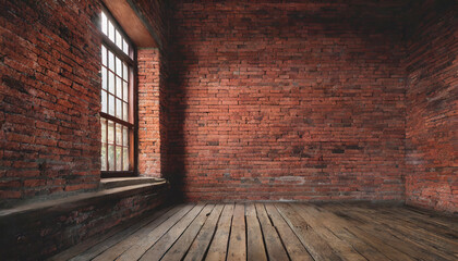 A room with a old red brick wall and natural wooden floor. The room is empty and has a lot of natural light coming in through the window