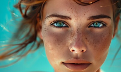 girl face freckles close-up portrait - obrazy, fototapety, plakaty