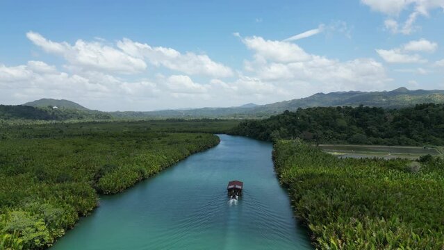 Bohol Loboc river cruise on Philippines. Palms, cloudy sky, hills