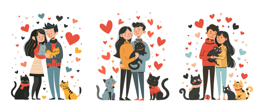 Love cats scenes doodle vector illustration. Man woman characters hugging animals together heart symbols concepts isolated on white background