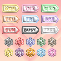 set of 3D digital planner , days of week and number, 3D planner