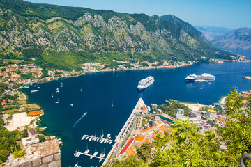 Aerial view of marina in Kotor bay and old town from Lovcen Mountain, Montenegro. Adriatic fjord...