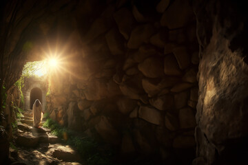Jésus Christ sortant de son tombeau après les 3 jours de mystère, pour sa résurrection le dimanche de Pâques. Fête chrétienne 