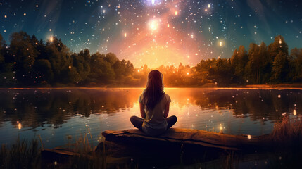 Young woman meditating at sunset at the lakeshore. Silhouette of a person sitting near water in a magical landscape filled with stars, light and sparkles. Energy work, spiritual practice. - obrazy, fototapety, plakaty