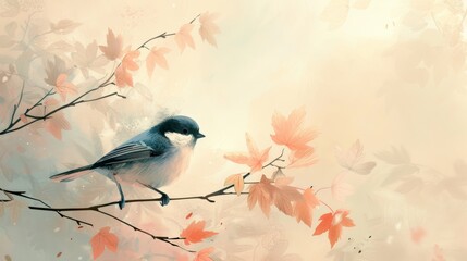 Serene painting of a bird on a branch with soft autumn leaves and a pale backdrop.