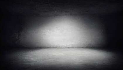 A dark, empty room with a grey wall. The room is empty and has no furniture. The walls are bare and the floor is covered in dirt - obrazy, fototapety, plakaty
