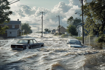 Flooded cars under water. Rapidly rising water levels engulfing vehicles.