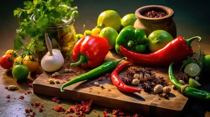 Fotobehang Pepper. Photo of fresh spices. Assortment of fresh and dried peppers, seasonings and herbs on a marble background. © Innavector