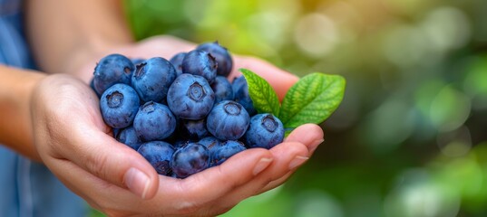 Handpicked plump blueberries on blurred background with ample space for text placement - obrazy, fototapety, plakaty