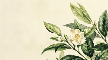Fototapeta na wymiar Elegant botanical illustration of white flowers and green leaves on a cream background.