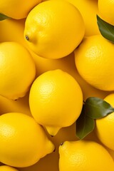 Lemon Harvest: Fresh Lemons with Leaves on Sunny Yellow Background