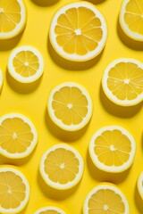 Obraz premium Lemon Slices Pattern on Bright Yellow Background: Citrus Freshness