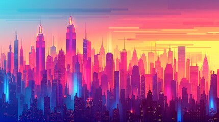 Abstract cityscape bathed in a gradient of sunset colors, creating a dreamy atmosphere.