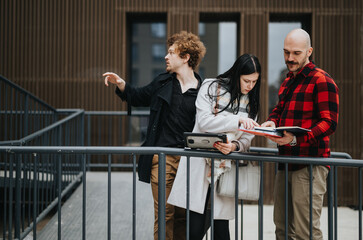 Three business professionals engaged in a serious discussion on a balcony overlooking an office...