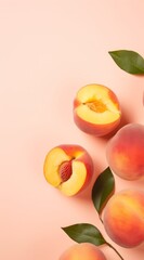 Ripe and Juicy Peaches on Pastel Background with Copy Space