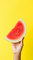 Summer Freshness: Hand Holding Slice of Juicy Watermelon on Yellow Background