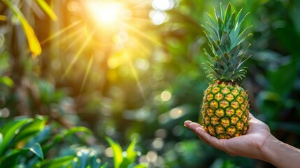Hand holding pineapple slice with selection on blurred background, copy space available