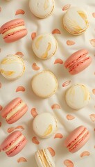 Colorful vibrant macarons background made from an assorted collection of delicious french pastries