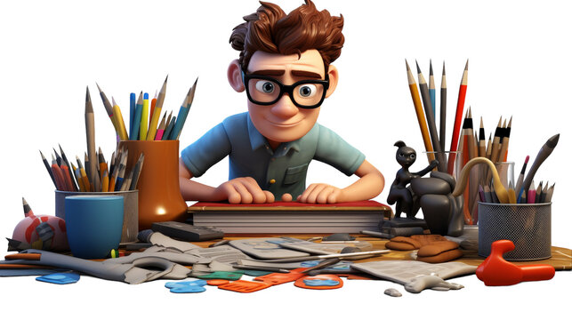 A cartoon character sits at a desk surrounded by art supplies