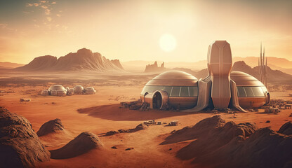 Fototapeta na wymiar Future space colony built on the surface of the red planet. Scientific exploration of Mars. Dome-shaped metallic bases, futuristic habitat. Barren extraterrestrial landscape in dim sunlight.