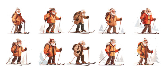 Skiing old men cartoon vector set. Elderly active bearded glasses characters winter sports clothes illustrations isolated on white background
