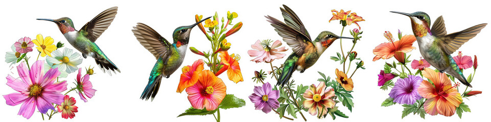 Hummingbird hovering near vibrant flowers. Hyperrealistic Highly Detailed Isolated On Transparent Background Png File