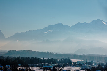 Winter in the Alps. Beautiful view of the mountain ranges in Salzburg in Austria.