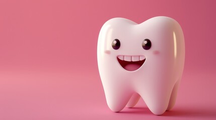 Adorable 3d cartoon tooth character on pastel color background with copy space for text