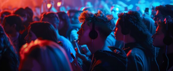 disco club people in headphones dancing - obrazy, fototapety, plakaty