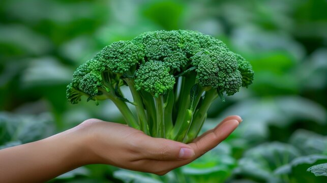 Close up of hand holding fresh broccoli floret on blurred background with copy space