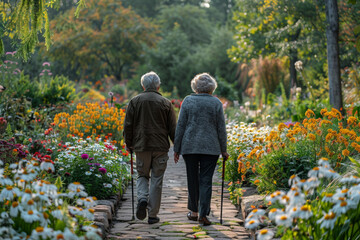 Obraz premium In the summer park, a senior couple walks together, enjoying nature's embrace and the love between them.