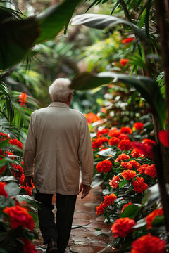 A senior man walks alone in the summer garden, amidst red flowers, reflecting on life's journey.
