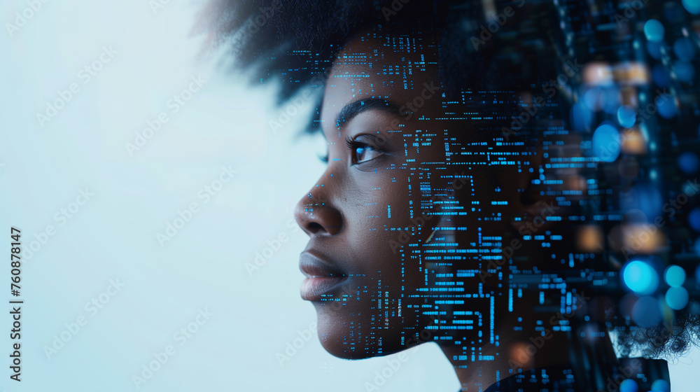 Wall mural side profile portrait of a black female with a tech pattern overlay, a diverse cyber security analys