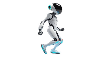A futuristic robot dashes across a stark white background
