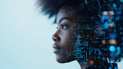 side profile portrait of a black female with a tech pattern overlay, portraying a cyber security analyst of artificial intelligence and the future of ai in the workplace - obrazy, fototapety, plakaty