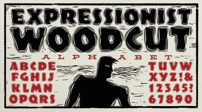 A stylized alphabet in the style of 20th century expressionist woodcut printmaking artwork, similar to German, Austrian, and Dutch expressionist artworks from the 1920s and 1930s.
