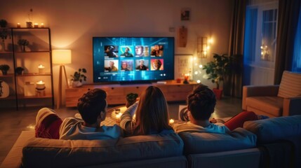 Rear view of a family watching a movie on the couch in their cozy living room, embodying leisure and togetherness.