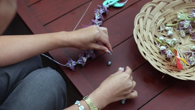Close-up of a woman making lei in Hawaii, plumeria flowers garland crown handmade.