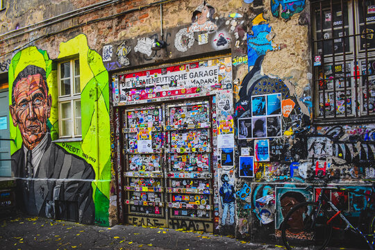 Berlin, Germany - December 11, 2023: Hackeshe Court of Berlin. Dead Chicken Alley graffiti street art. Art gallery