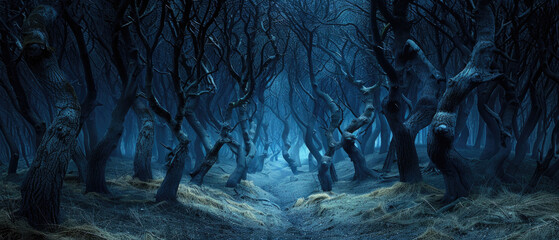 Dark spooky creepy woods, panoramic view. Path in scary fairy tale forest, landscape with dry trees. Theme of fantasy, horror, haunted enchanted nature, Halloween