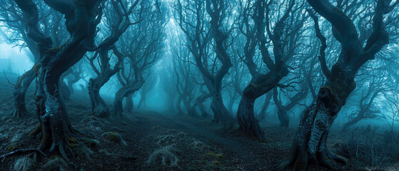 Dark spooky creepy woods, panoramic view. Path in scary fairy tale forest, landscape with dry trees. Theme of fantasy, haunted enchanted nature, Halloween, background.