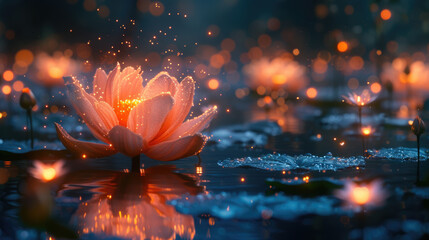 Magical luminous flowers in dark fairy tale forest, beautiful glowing plants and lights in fantasy woods at night. Concept of wonderland, lake, water, nature,