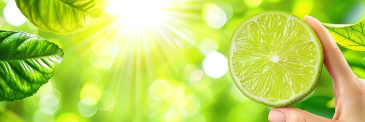 Hand holding tangy lime with lime selection on blurred background with copy space - obrazy, fototapety, plakaty