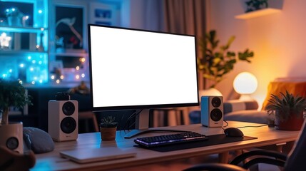 Computer monitor mockup with blank screen on desk in contemporary dimly lit room, AI-generative	