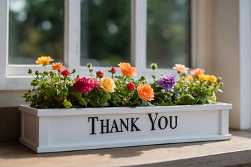 Vibrant Flower Box with a Thank You Message -  white flower box filled with vibrant and colorful flowers in full bloom, placed on a window sill