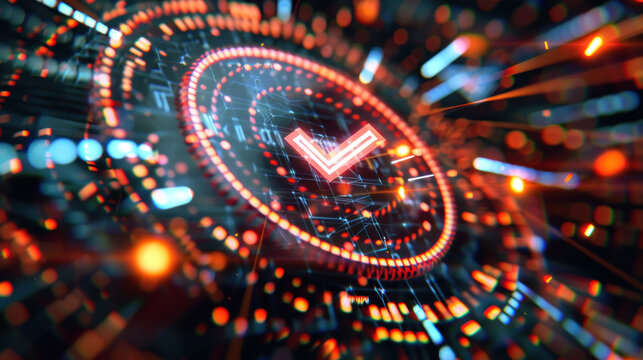 Tech savvy validation. Check mark icon on abstract technology background, signifying business approval and success in the digital realm of finance and growth