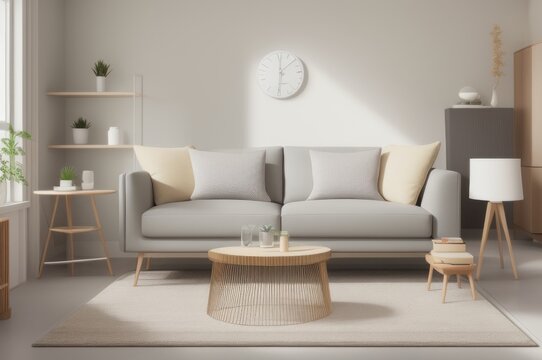  Interior of modern living room with sofa, table and wooden racks near white wall1